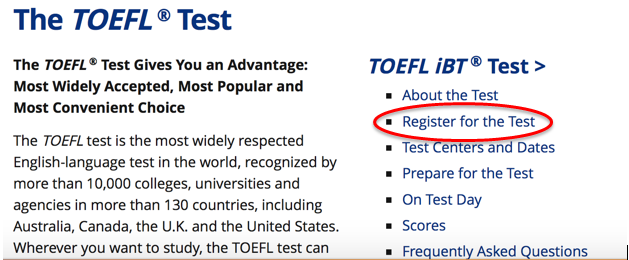 TOEFL test registration step 1